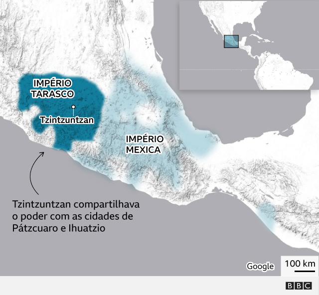 Mapa mostrando a extensão do império tarasco e sua fronteira com o império mexica