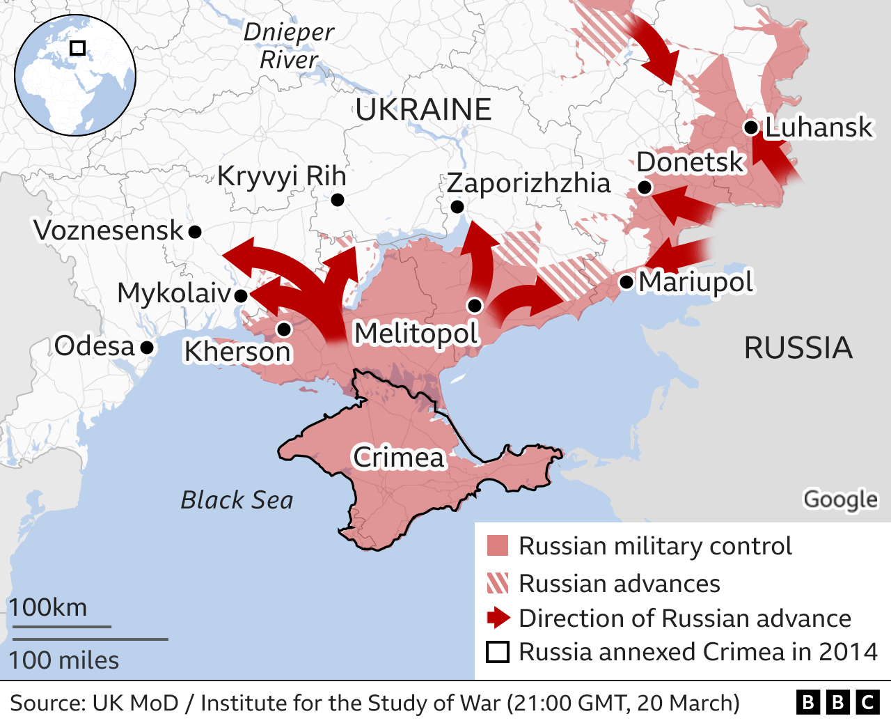 Map showing the Russian military advance into Ukraine from the south