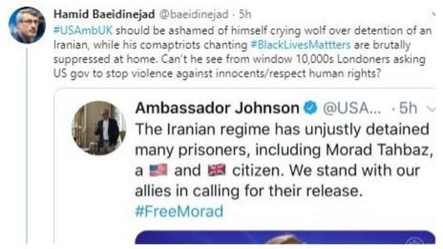 سفیر ایران در لندن گفته توییت سفیر آمریکا درباره مراد طاهباز متخصص بازداشت شده در ایران شرم آور بوده