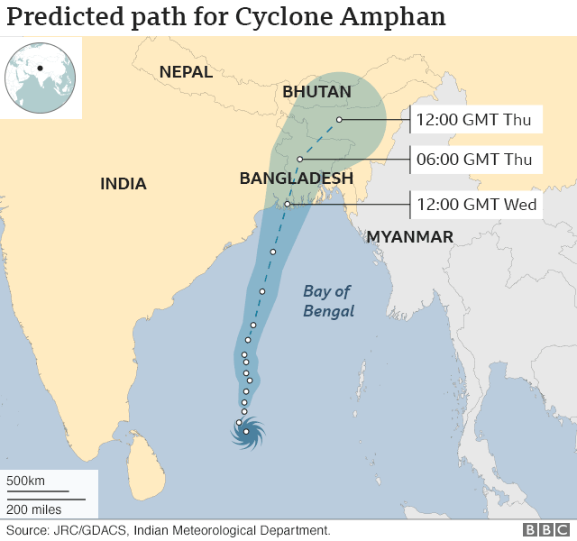 Predicted path of Cyclone Amphan