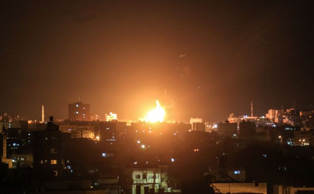 An explosion in Gaza after Israeli air strikes on 20 June 2018