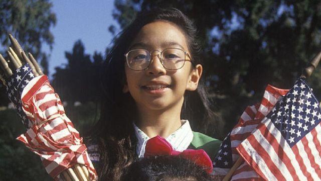 Philippine-American Girls with American Flags, Los Angeles, California