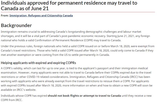 "Canada immigration news": [CanadaVisa permanent residence holders fit travel from June 21]
