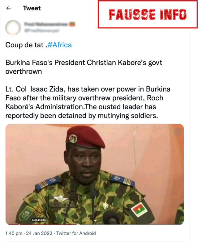 Capture d'écran d'un tweet véhiculant une fausse information sur l'identité du leader du coup au Burkina
