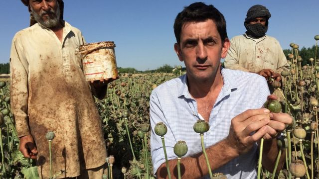 O repórter da BBC Justin Rowlatt em um campo de papoula no Afeganistão, em foto de arquivo