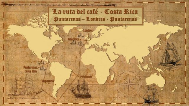 Mapa que muestra la ruta de las exportaciones directas de café desde Costa Rica a Londres (Foto: cortesía de Sergio Vargas)