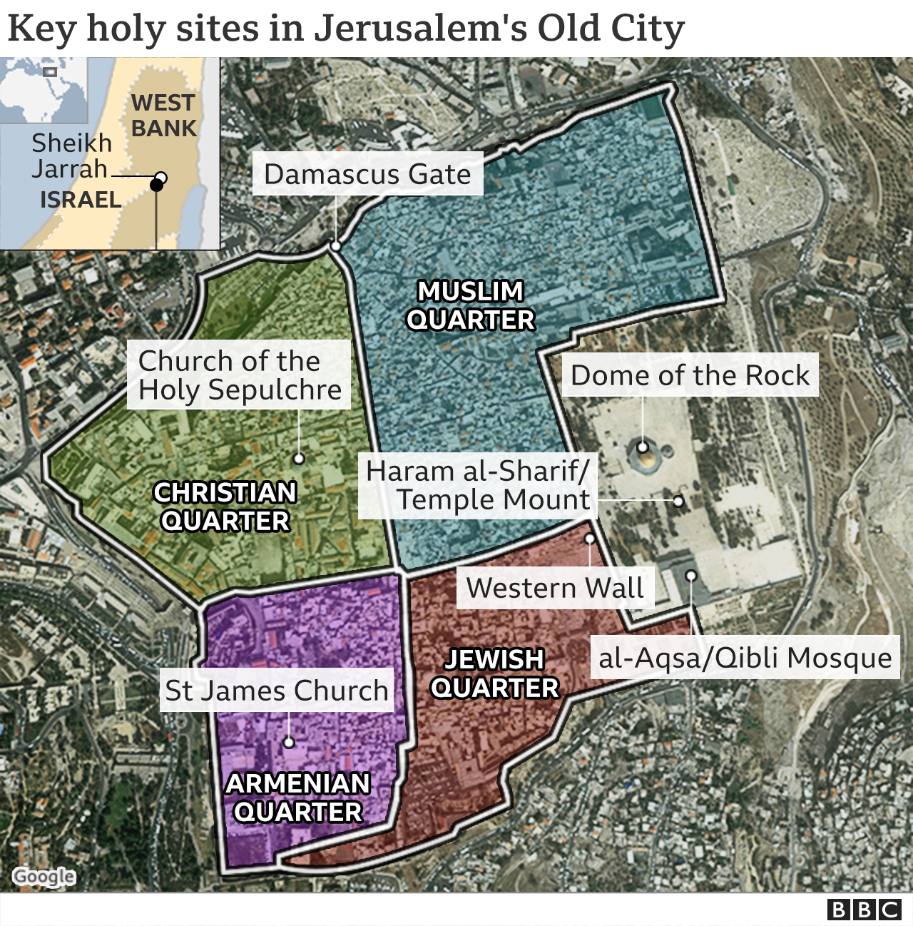 Map showing key holy sites in Jerusalem