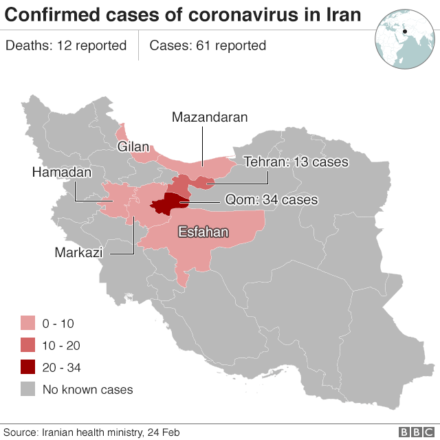 Map showing coronavirus cases in Iran (24 February 2020)