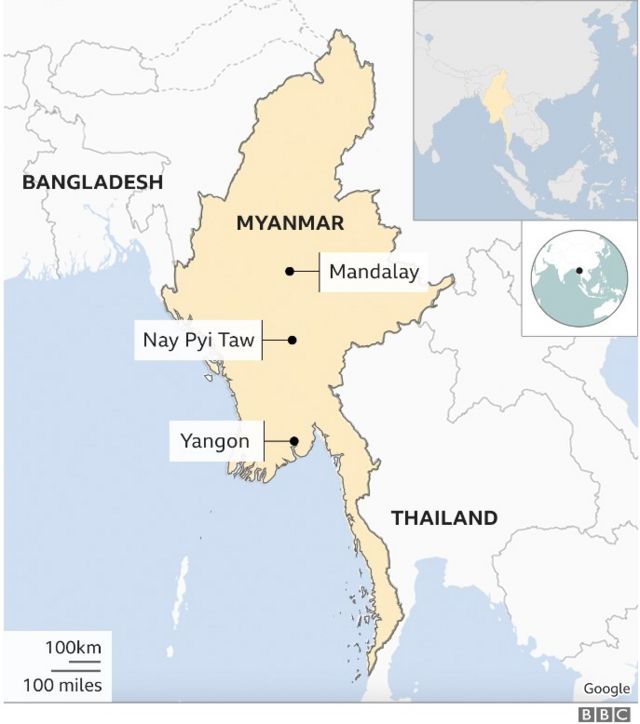 Map of Myanmar showing Mandalay, Nay Pyi Taw and Yangon