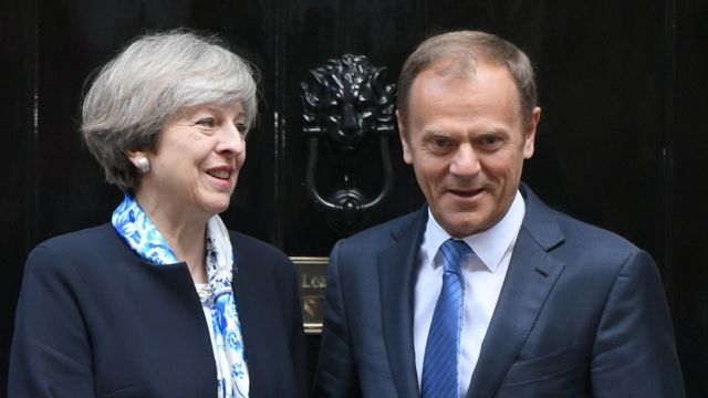 Prime Minister Theresa May with European Council President Donald Tusk in London, 6 Apr 17