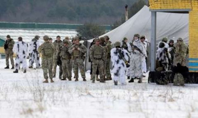 U.S. and Ukrainian soldiers attended a drill at a military training center in February.