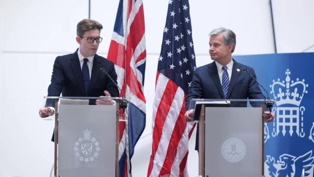 MI5 head Ken McCallum (left) and FBI director Christopher Wray (right) made an unprecedented joint appearance in London