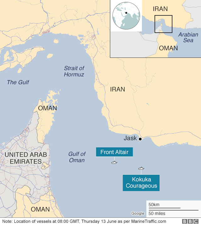 Map showing the location of the two vessels at 08:00 GMT, Thursday 13 June