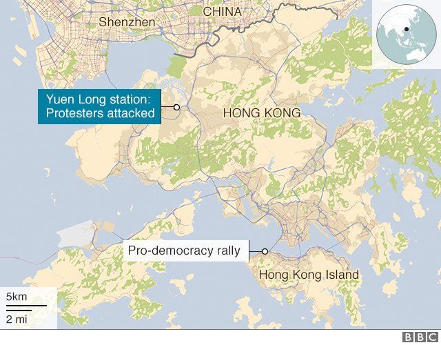 Map of Hong Kong showing Yuen Long station north of the protest site