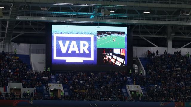 General view inside the stadium as the big screen informs fans of a VAR review happening regarding Iago Aspas of Spain's goal during the 2018 FIFA World Cup Russia group B match between Spain and Morocco at Kaliningrad Stadium on June 25, 2018 in Kaliningrad, Russia.