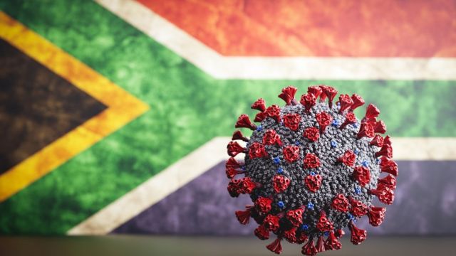Bandera de Sudáfrica con coronavirus.