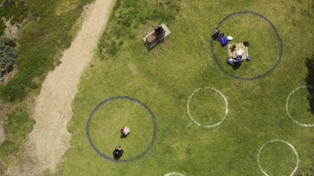 Aerial view of circles drawn on grass to mark social distancing in Melbourne at the height of the pandemic