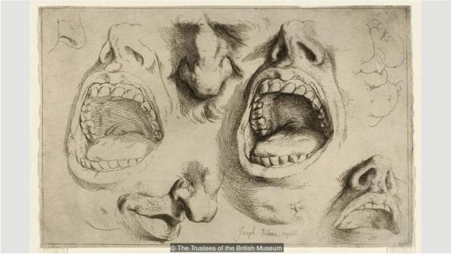 Ribera melukis langsung dari model hidup, menciptakan banyak sketsa anatomi seperti Studies of Nose and Mouth, sekitar 1622.