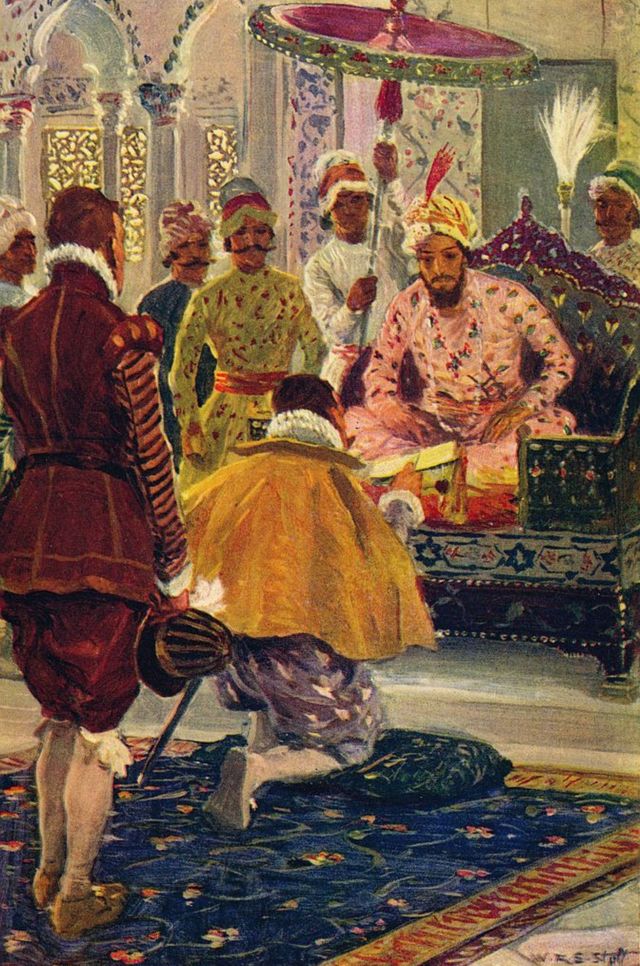 1608వ సంవత్సరంలో మొఘల్ చక్రవర్తి జహంగీర్‌కు ఇంగ్లండ్ రాజు జేమ్స్ 1 తరపున లేఖ అందజేస్తున్న కెప్టెన్ విలియం హాకిన్స్