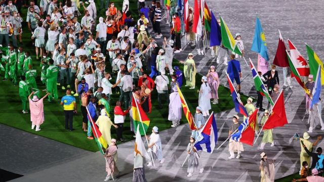 Tokyo 2020 Olympics - The Tokyo 2020 Olympics Closing Ceremony - Olympic Stadium, Tokyo, Japan - August 8, 2021. Athletes take part in the athletes' parade during the closing ceremony.