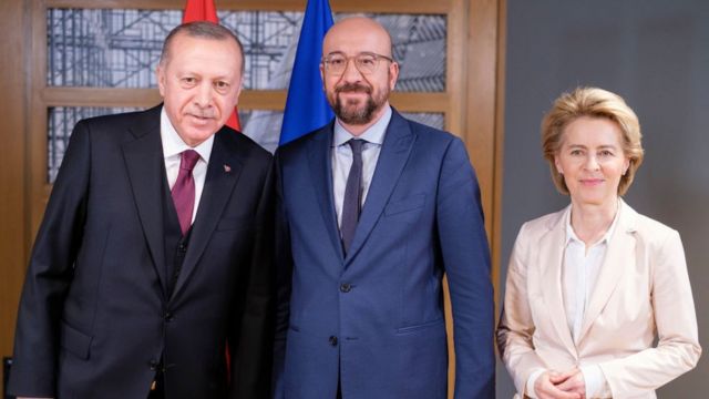 Recep Tayyip Erdogan with European Union President Charles Michel and European Commission President Ursula von der Leyen