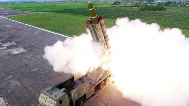 This picture taken on August 24, 2019 and released on August 25 by North Korea"s official Korean Central News Agency (KCNA) shows the test-firing of a "newly developed super-large multiple rocket launcher"
