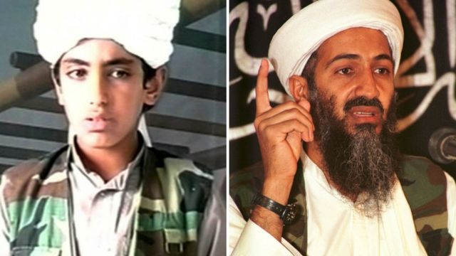 Hamza Bin Laden en un video de 2015 y Osama Bin Laden en uno de principios de siglo.