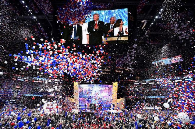 A massive balloon drop is an essential part of any candidate convention