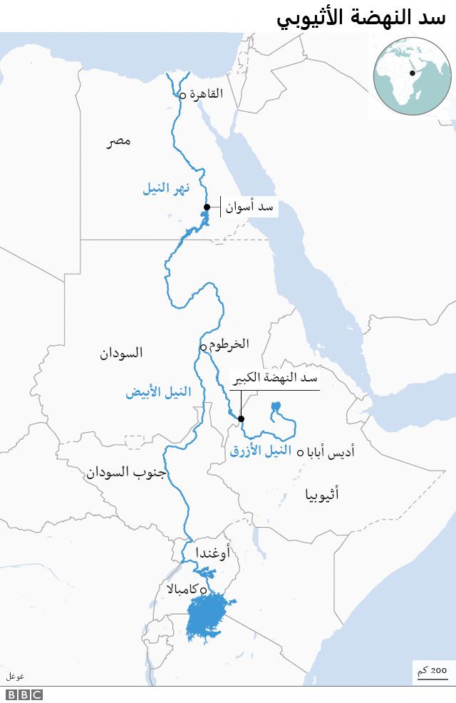 خريطة مصر والسودان وإثيوبيا وسد النهضة