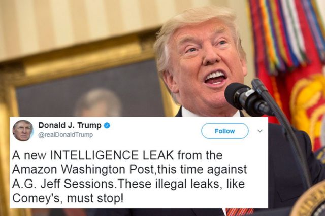 A picture of Donald Trump, overlaid with one of his tweets reading "a new INTELLIGENCE LEAK from the Amazon Washington Post,this time against A.G. Jeff Sessions.These illegal leaks, like Comey's, must stop!"
