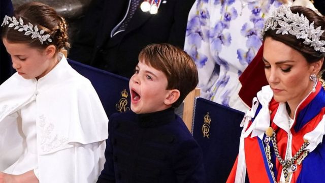 Princess Charlotte, Prince Louis and Catherine, Princess of Wales at the coronation ceremony of King Charles III and Queen Camilla in Westminster Abbey, London