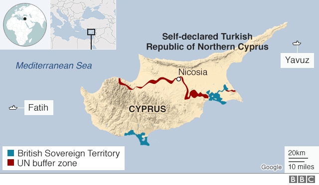 Map showing the locations of two Turkish drilling ships off Cyprus