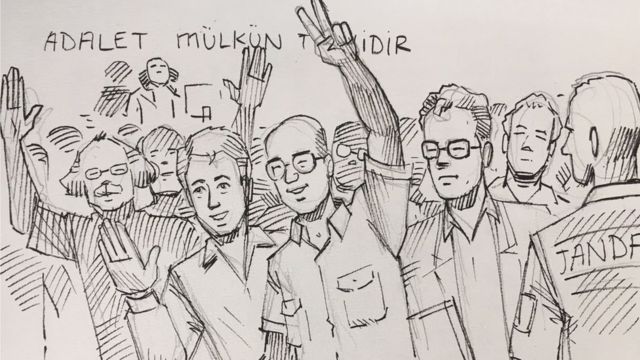 Cumhuriyet gazetesinin çalışanları duruşma salonunda böyle çizildi
