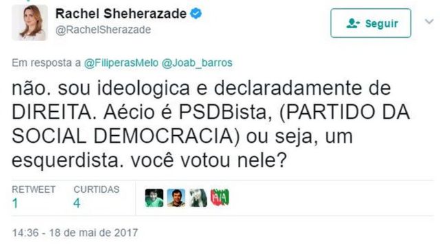 Reprodução de tuíte de Rachel Sheherazade em que ela sustenta a opinião de que o PSDB é de esquerda