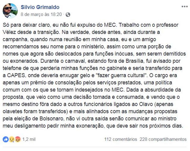 Postagem de Silvio Grimaldo no Facebook