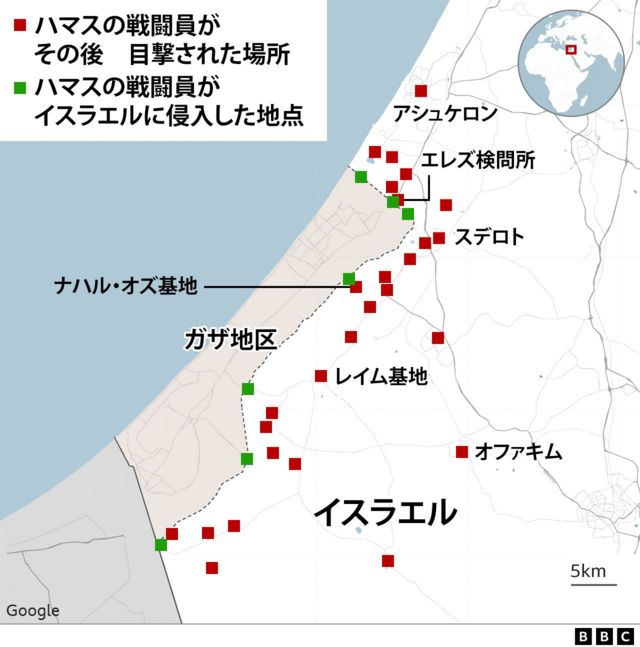 Map showing location of Hamas activities