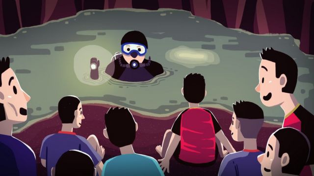 Ilustração mostra momento em que mergulhadores chegaram aos meninos