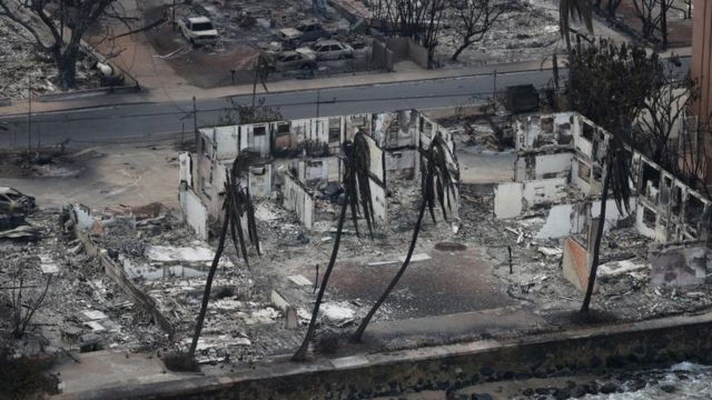 Views from the air of the community of Lahaina after wildfires driven by high winds burned across most of the town several days ago, in Lahaina, Maui, Hawaii, U.S. August 10, 2023.