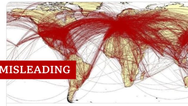 خريطة بمسارات الخطوط الجوية حول العالم تم استخدامها بشكل خاطئ للتدليل على تفشي فيروس كورونا