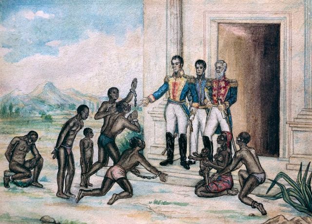 Simón Bolívar con un grupo de esclavos