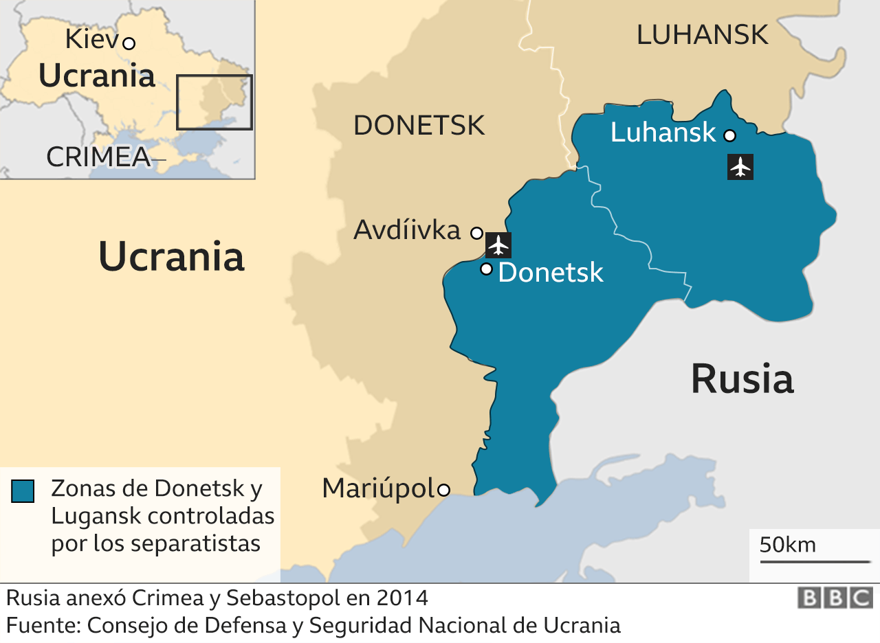 Mapa de las regiones Donetsk y Luhansk de Ucrania controladas por separatistas.