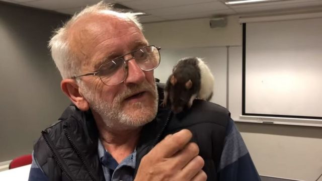 Man with rat on his shoulder