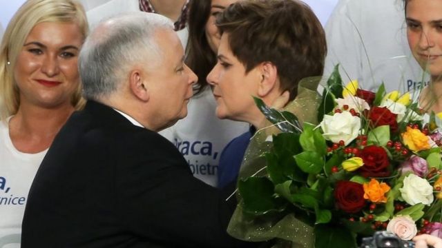 Law and Justice party leader Jaroslaw Kaczynski (left) kisses Beata Szydlo (right) as they celebrate during parliamentary elections night in Warsaw (25 October2015)