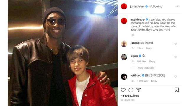 Justin Bieber pays tribute to Kobe Bryant with jersey as he and