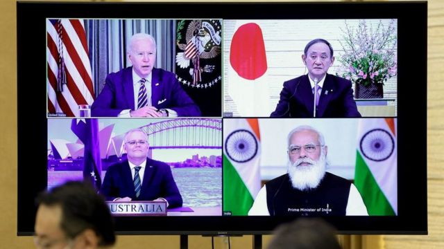 3月12日，四方领导人线上会面。(photo:BBC)