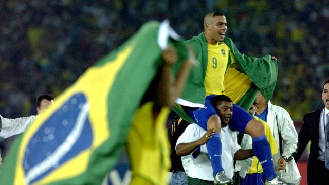 30 Jun 2002: Ronaldo of Brazil celebrating after the Germany v Brazil, World Cup Final match played at the International Stadium Yokohama, Yokohama, Japan