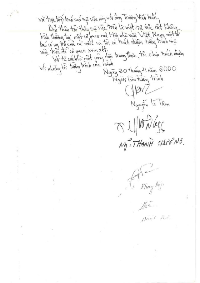 Bản tường trình năm 2000, có chữ ký của họa sĩ Nguyễn Lê Tâm, họa sĩ Nguyễn Thành Chương, phóng viên Phong Điệp, phóng viên Nhật Hà...