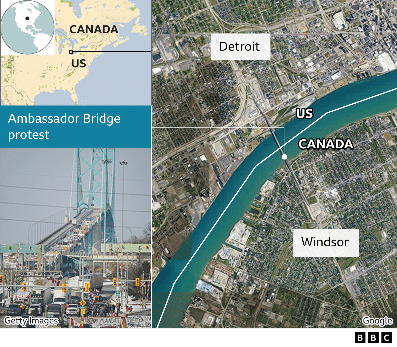 Detroit Canada Border Map Trudeau Slams 'Unacceptable' Protests As Police Warn Truckers - Bbc News