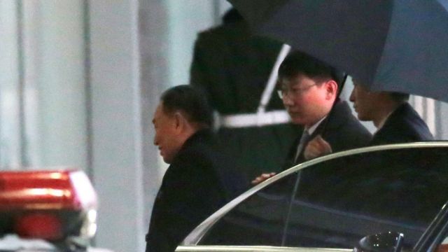 Senior North Korean official Kim Yong Chol (L) arrives at the international airport as he leaves for Washington from Beijing, China January 17, 2019.