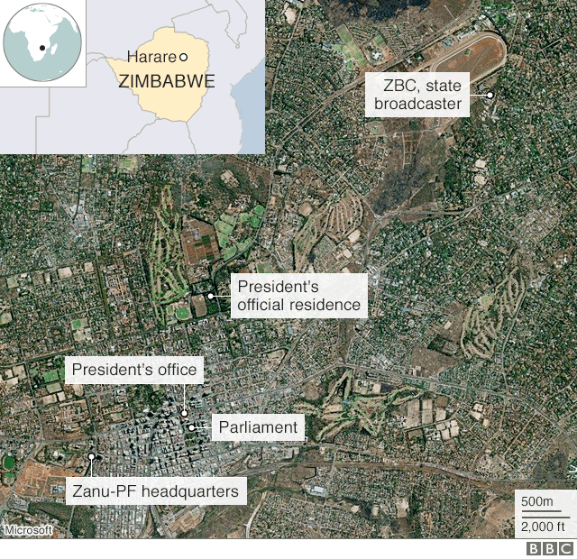Map of Harare showing key locations inc President's residence